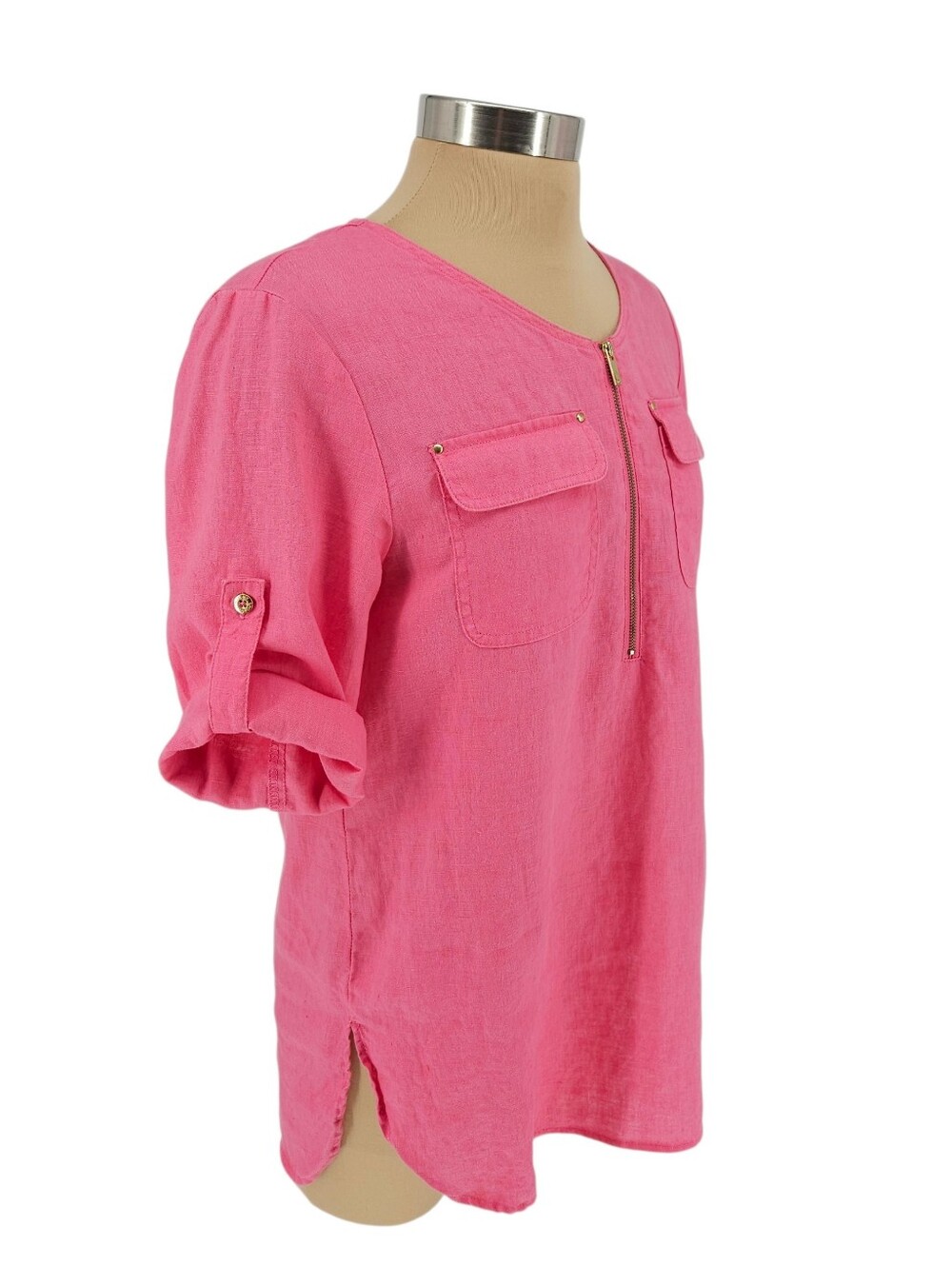 Jones New York Sport Tunic Top Linen Pink Roll Tab Long Sleeve Zip Shirt Small - Picture 3 of 8